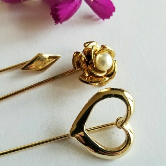 Vintage | Jewelry | Set Of 3 Vintage Stick Pins Gold Tone Rose Heart ...